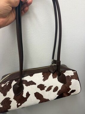 Brown and White Cowhide Shoulder Bag - Leather Trim